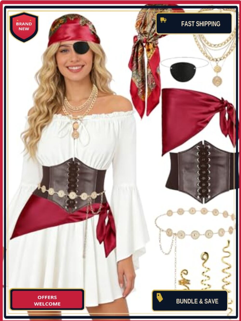 Women Pirate Costume Set 8-Piece Dress Corset Belt Halloween Outfit